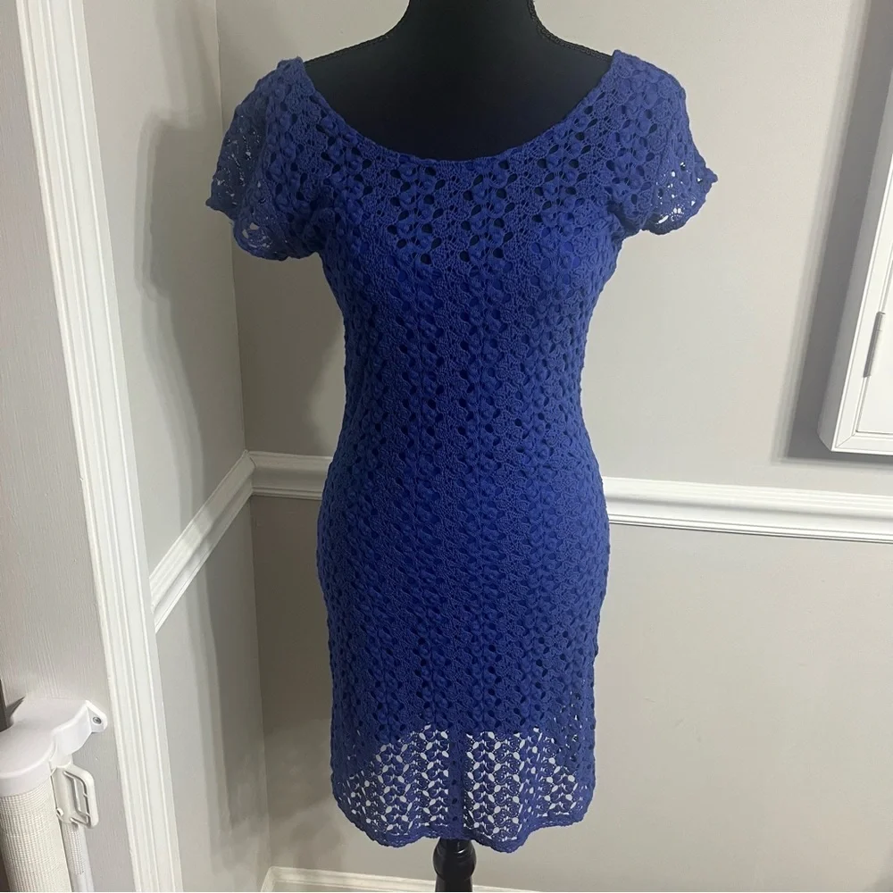 FREE PEOPLE Royal Blue Lace Crocheted & Lined Womens Dress Size S Boho MIDI